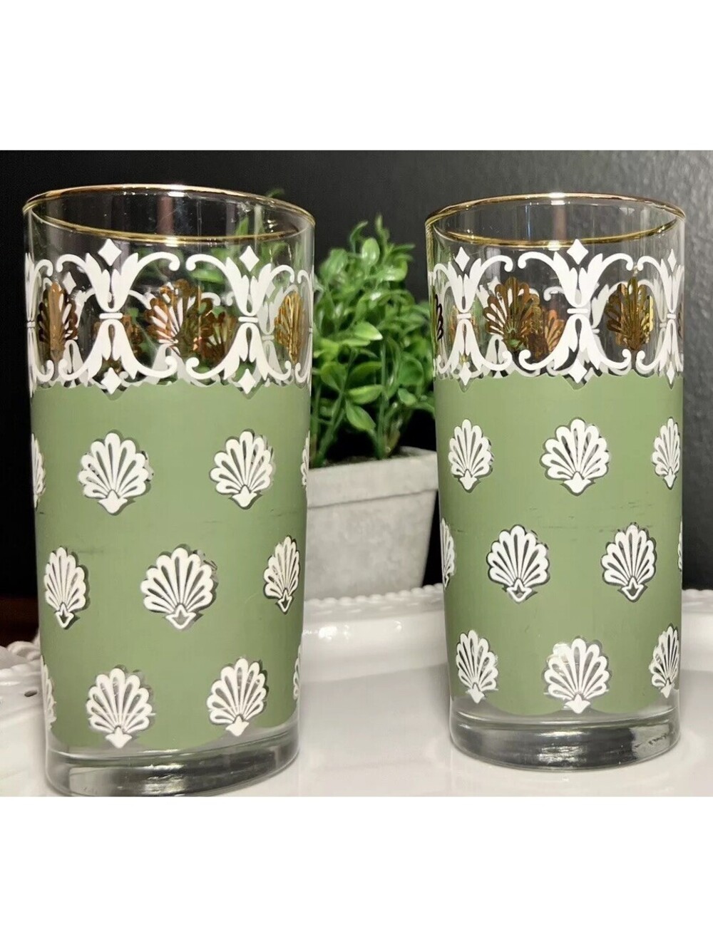 2 Vintage Green & Gold Hollywood Regency Jeannette Highball Palm Tumblers RARE!